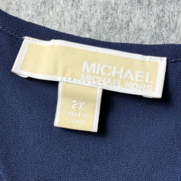 Michael Kors Womens 2XL Navy Blue Layered Chiffon Split Back Short Sleeve Blouse - Picture 5 of 7